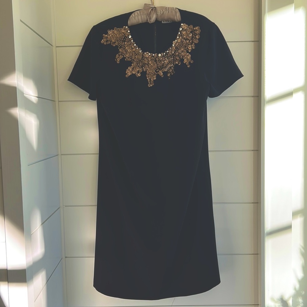 Gorgeous Alice + Olivia shift dress w gold and rhinestone neck detail size 10